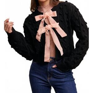 NEW LISTICLE pom cable knit tie cardigan in black